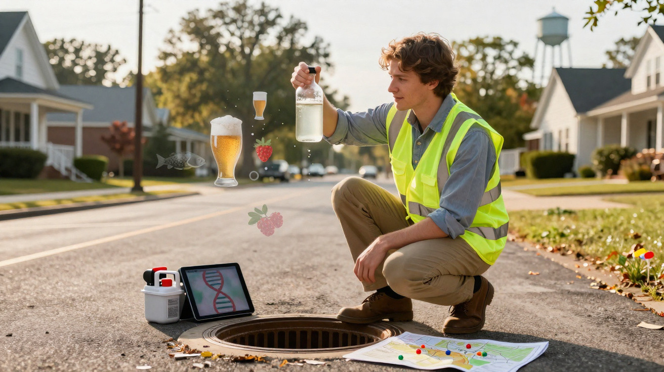 Mann in Warnweste neben offenem Gullydeckel mit digitalen Grafiken zu Wasserproben und DNA auf Straße.