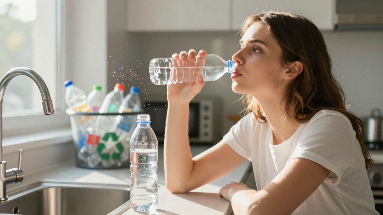 Frau trinkt Wasser aus Plastikflasche in heller Küche mit Recyclingbehälter im Hintergrund.