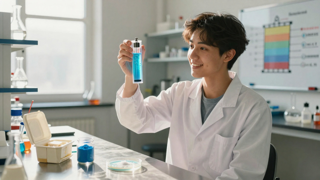Junger Wissenschaftler im Labor hält Reagenzglas mit blauer Flüssigkeit und lächelt.