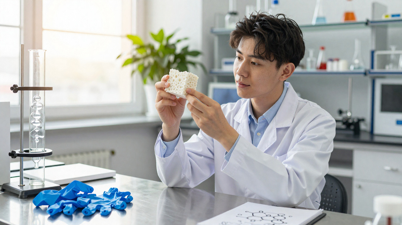 Wissenschaftler im Labor untersucht poröses Material und sitzt neben blauen Latexhandschuhen am Tisch.