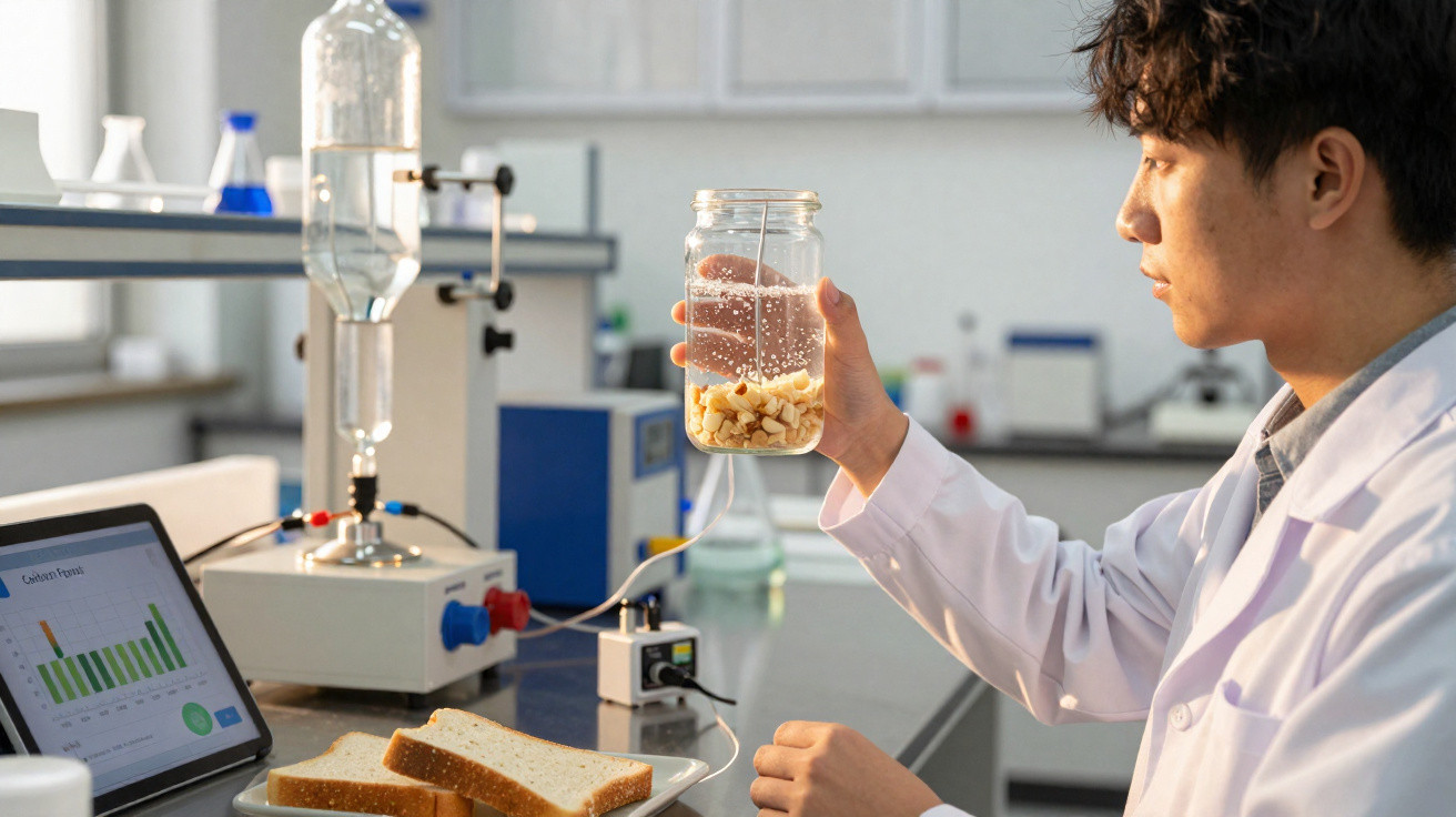 Wissenschaftler im Labor untersucht Glasbehälter mit Brotwürfeln, neben Laborgerät und Laptop mit Diagramm.