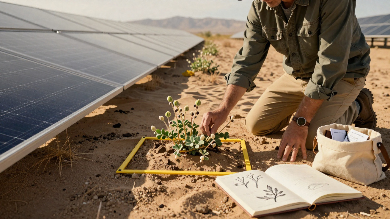 Mann untersucht Pflanze in der Wüste neben Solarpanelen mit offenem Notizbuch und Tasche.