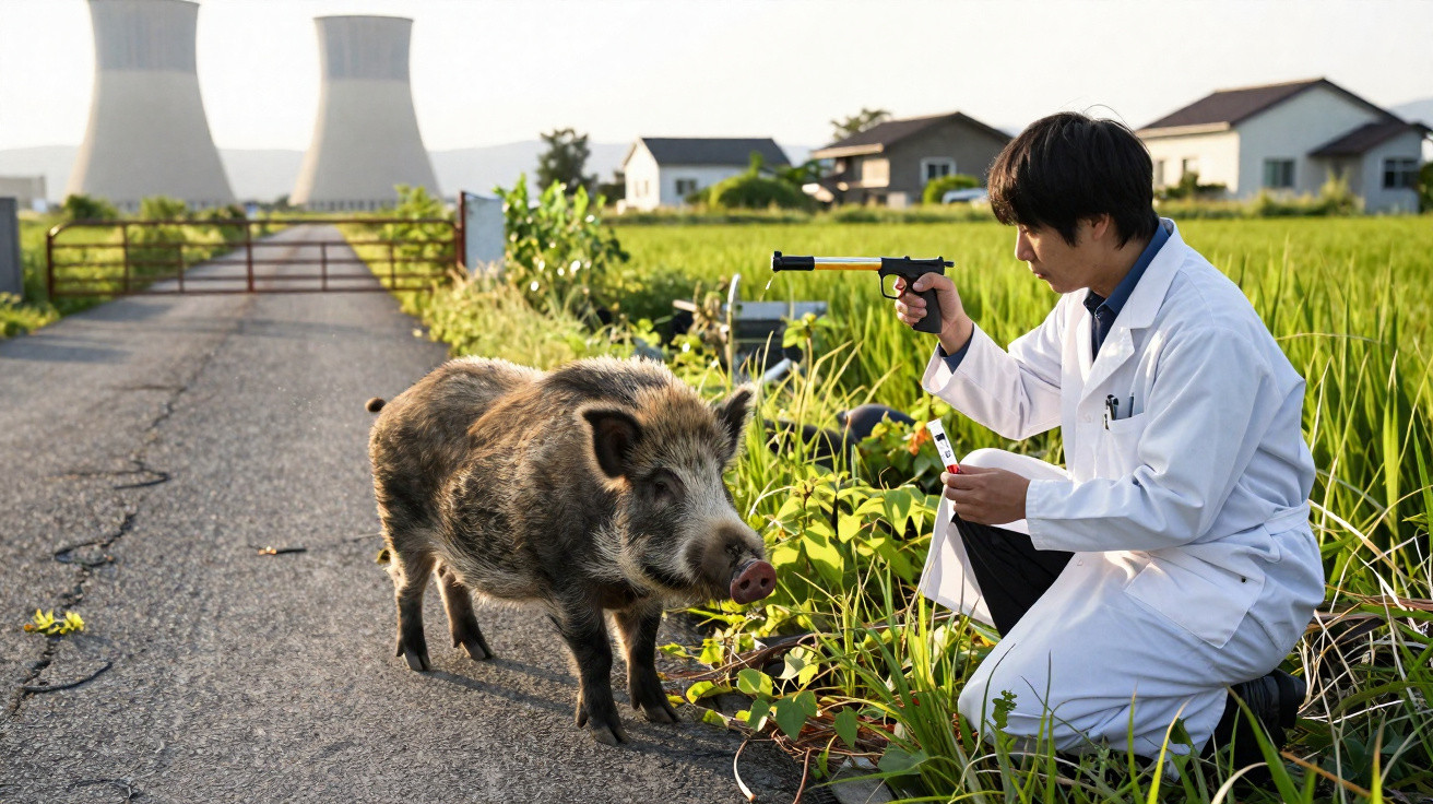 Ein Wissenschaftler in weißem Kittel zielt mit einer Betäubungspistole auf ein Wildschwein auf einer Landstraße.
