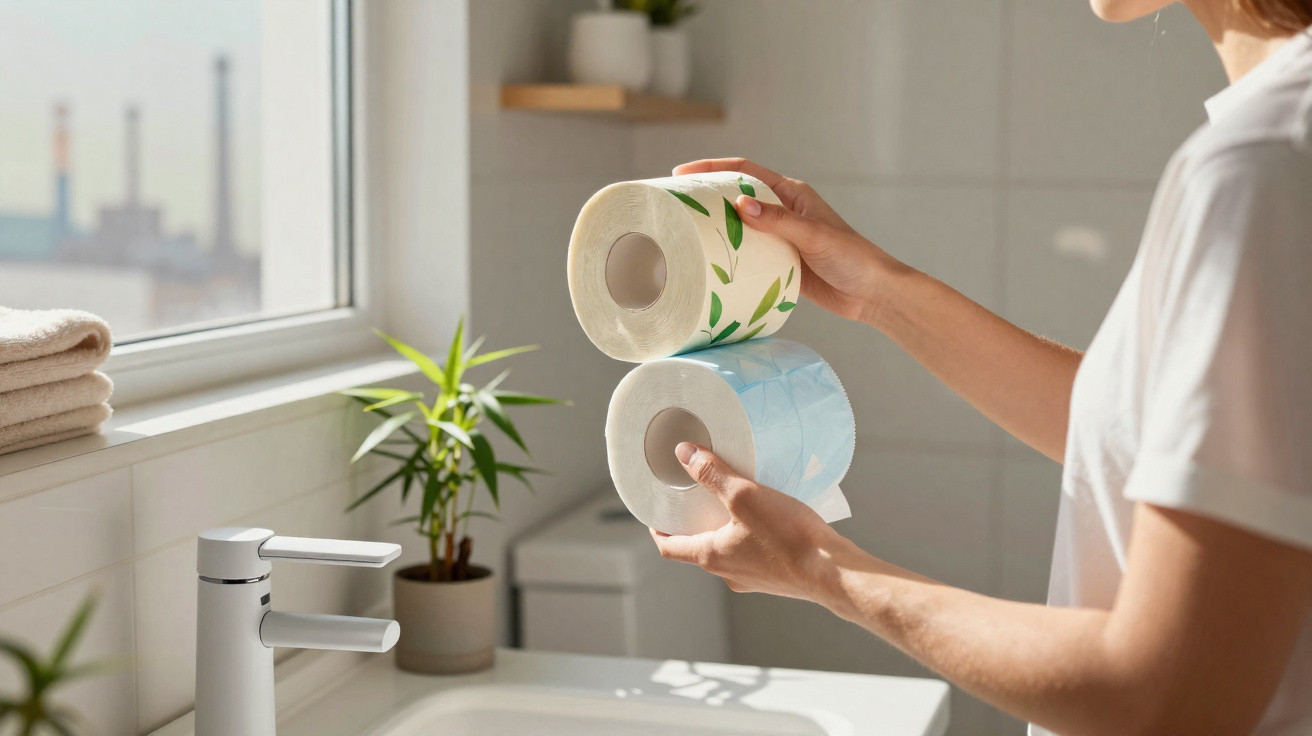 Frau hält zwei bunte Toilettenpapierrollen in hellem Badezimmer mit Pflanzen und Handwaschbecken.
