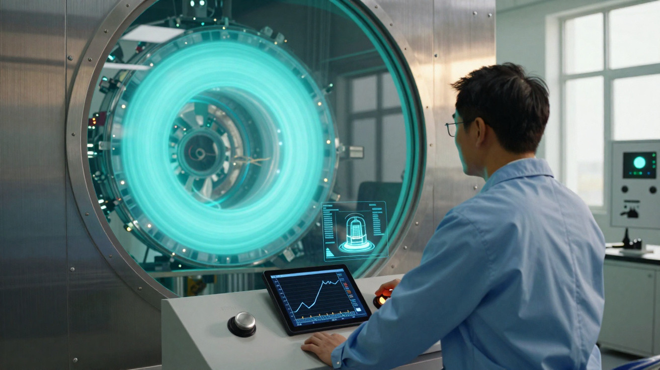 Wissenschaftler steuert futuristische Maschine mit leuchtendem blauen Energiekreis im Labor.