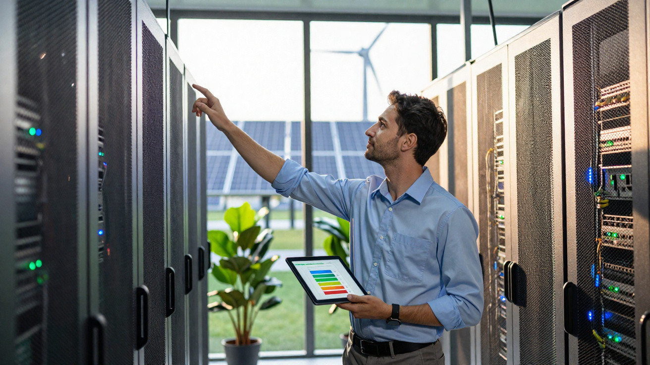 Mann überprüft Server im Rechenzentrum mit Tablet, im Hintergrund Solarpanels und Windkraftanlage sichtbar.