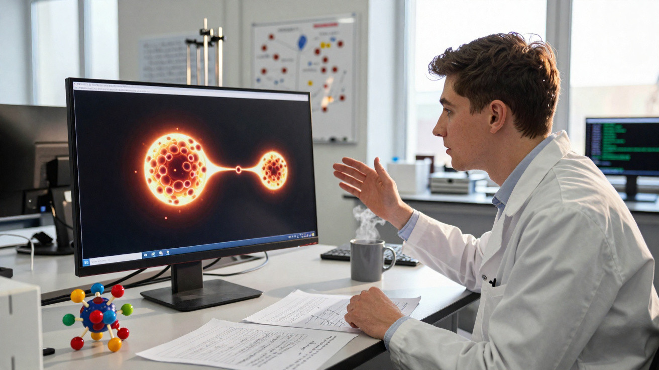 Wissenschaftler im Labor analysiert Molekülmodell auf Computerbildschirm in moderner Forschungsumgebung.