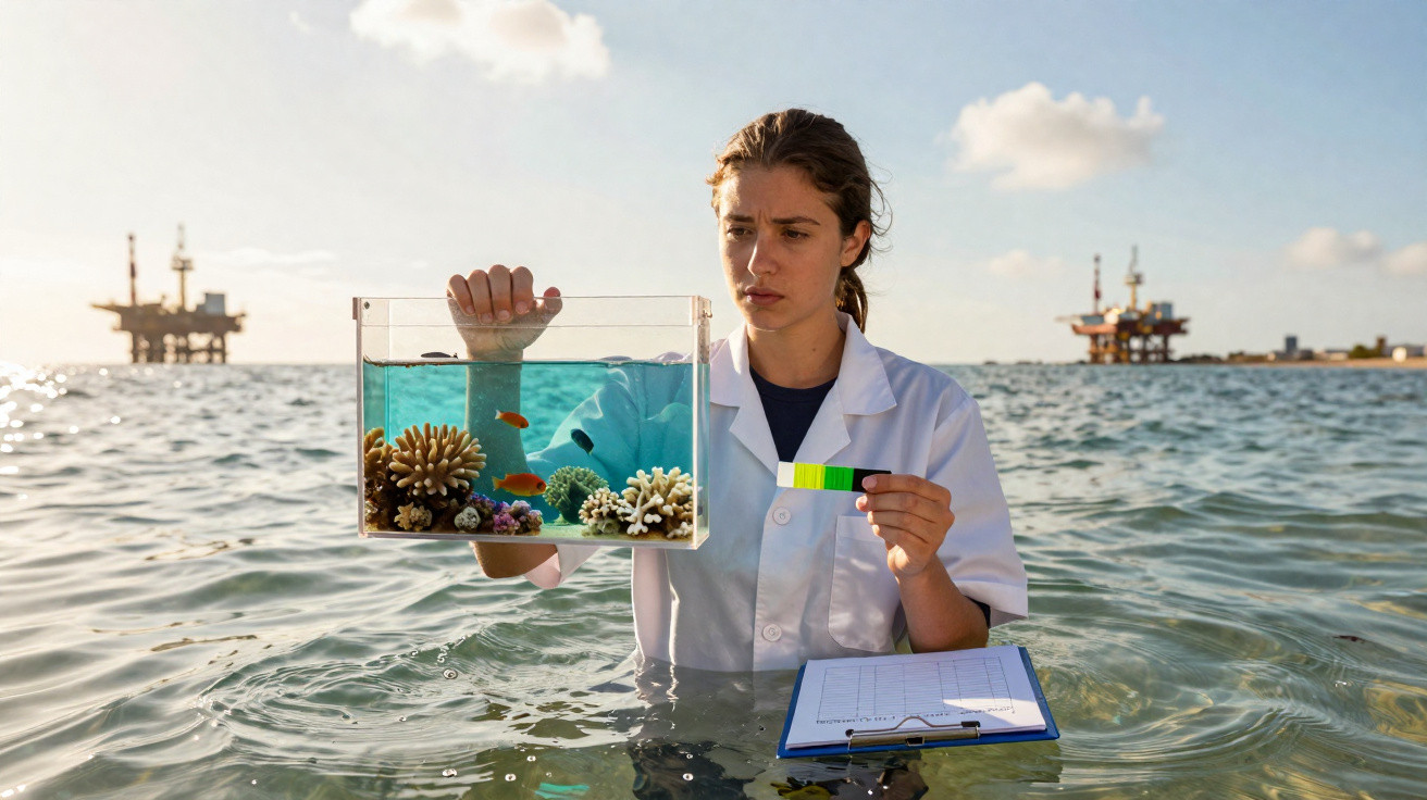 Frau im weißen Kittel misst im Meer die Wasserqualität an Korallenriff in einem Aquarium vor Ölplattformen.
