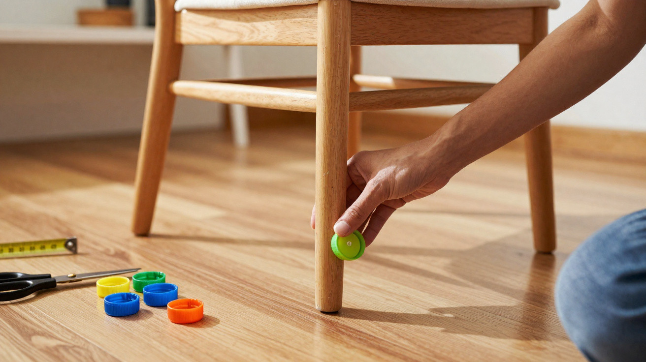 Hand bringt grünen Schutzvorrichtung auf Stuhlbein auf, Messband und bunte Deckel liegen auf Holzfußboden.