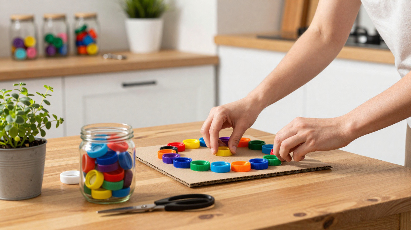 Person ordnet bunte Kunststoffdeckel kreisförmig auf Karton auf einem Holztisch mit Pflanze und Schere.