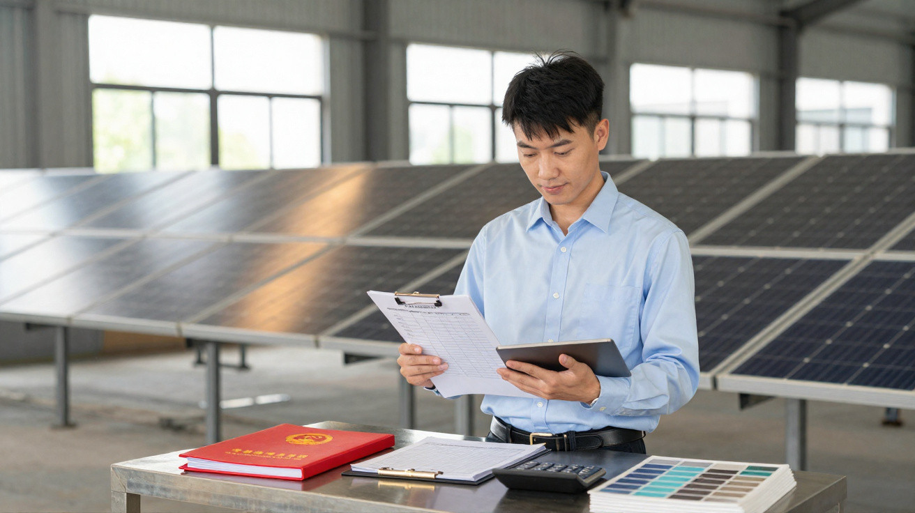Mann mit Unterlagen und Tablet vor Solarzellen prüft Daten in einer Industriehalle.