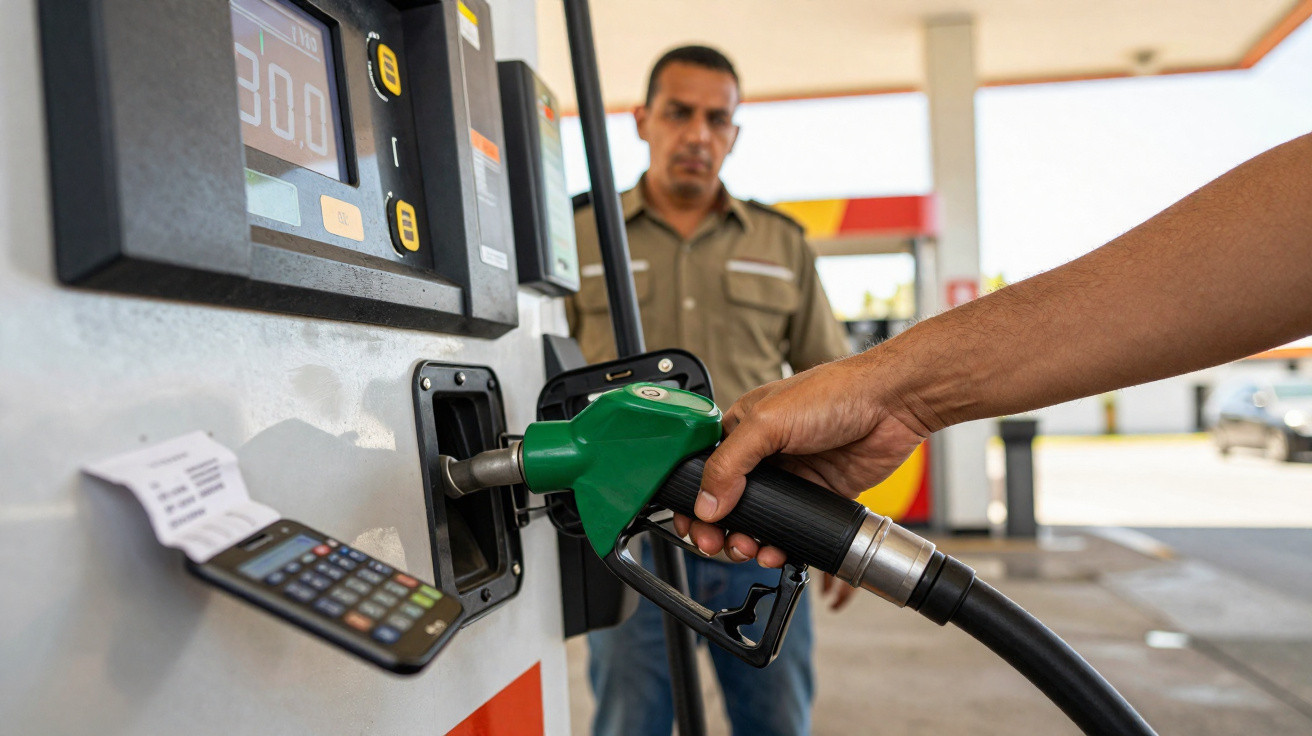 Eine Person hält eine grüne Zapfpistole an einer Tankstelle, während ein Mann im Hintergrund steht.