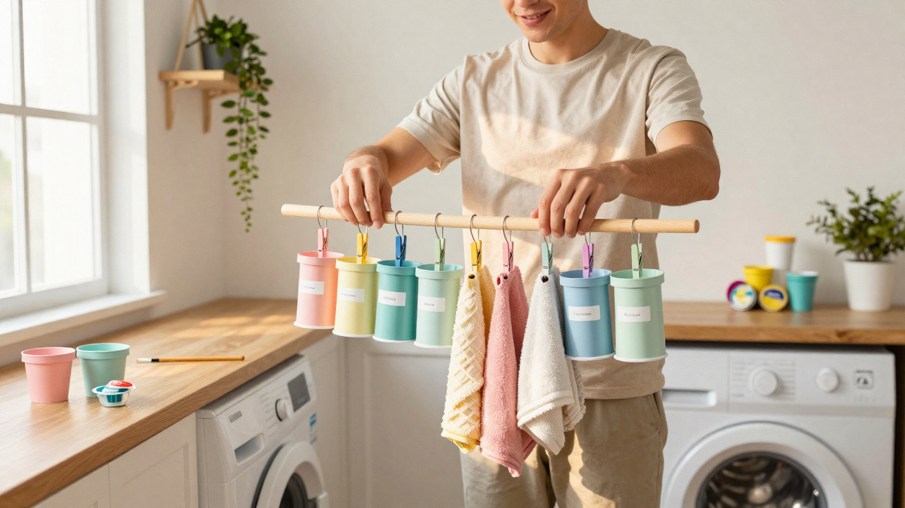 Person hält selbstgebastelten hängenden Organizer mit bunten Dosen und Tüchern in moderner Waschküche.