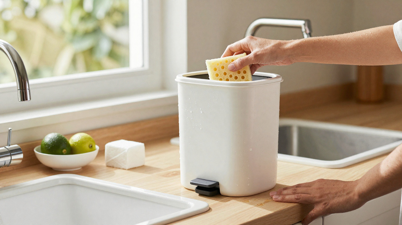 Hand legt Schwamm in kleinen weißen Abfalleimer mit Fußpedal auf Küchentheke neben Spüle.