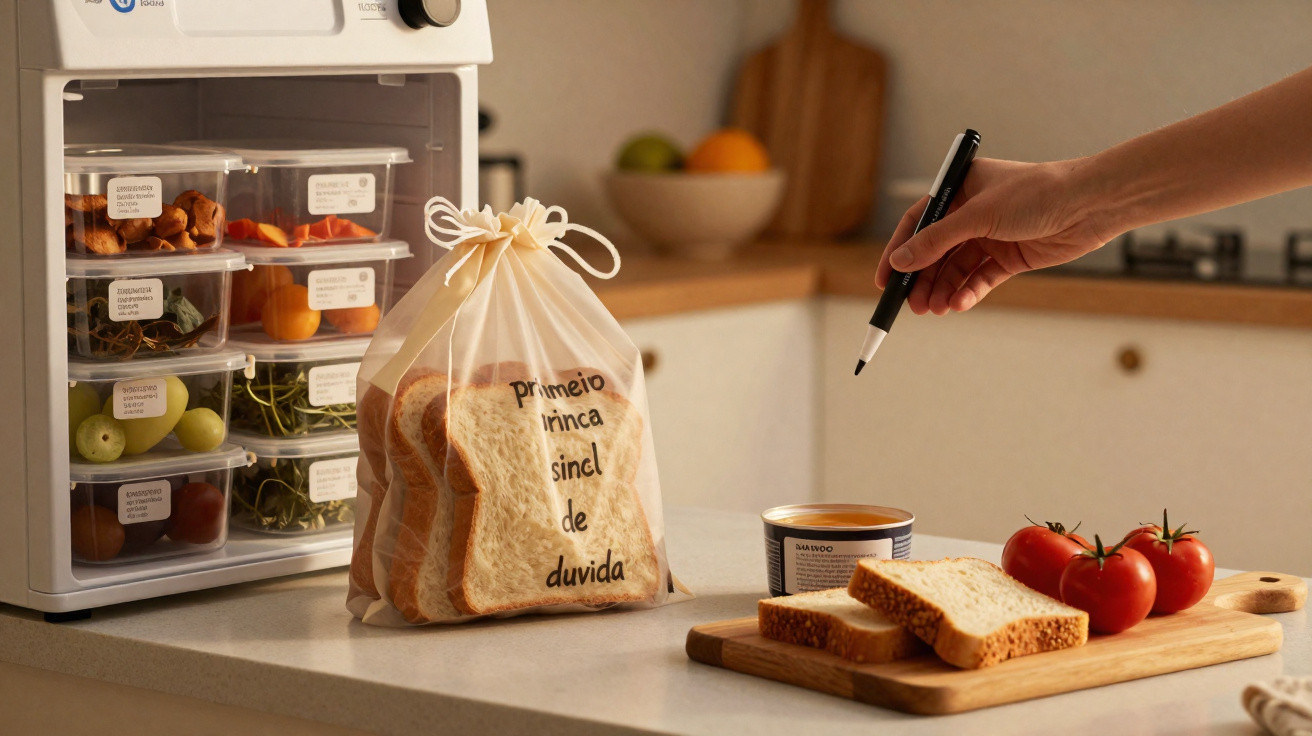 Küche mit Brottasche, geschnittenem Brot, Tomaten und Behältern mit beschrifteten Lebensmitteln in Mini-Kühlschrank.