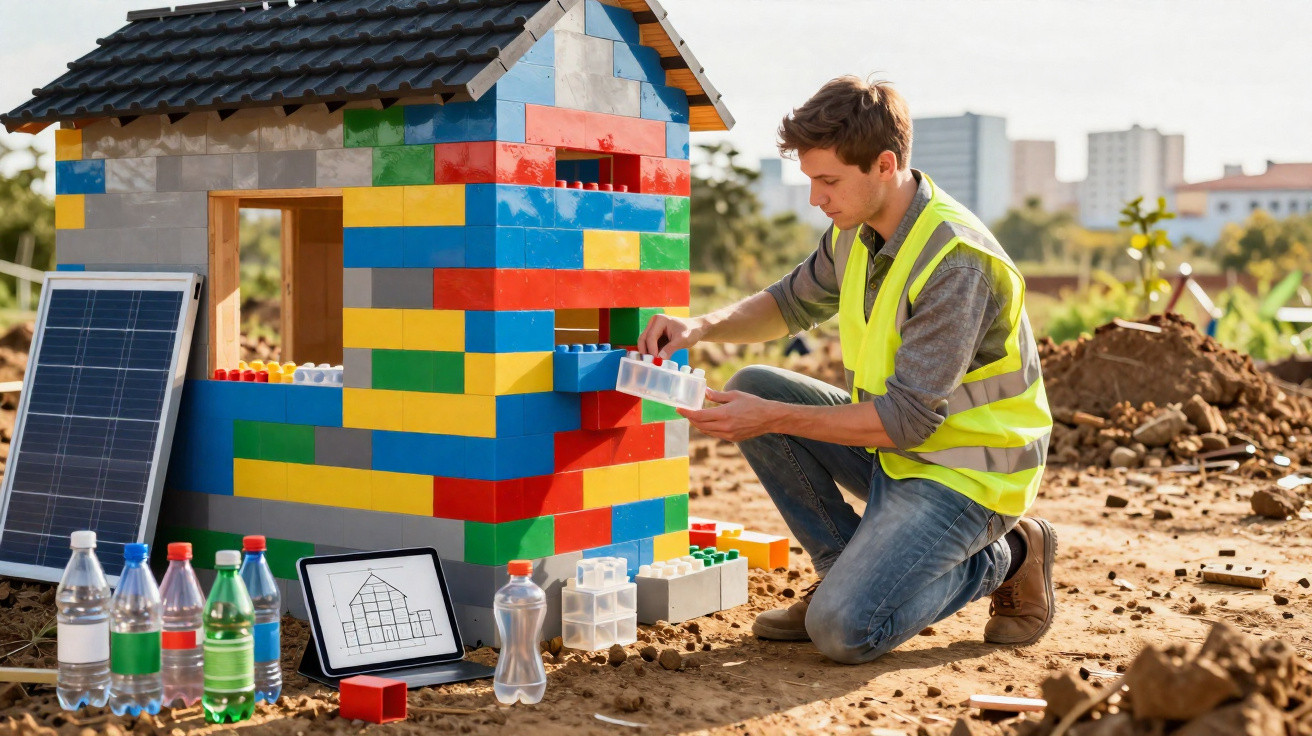 Mann mit Warnweste baut buntes Modellhaus aus großen Lego-Steinen im Freien mit Solarpanel und Tablet.