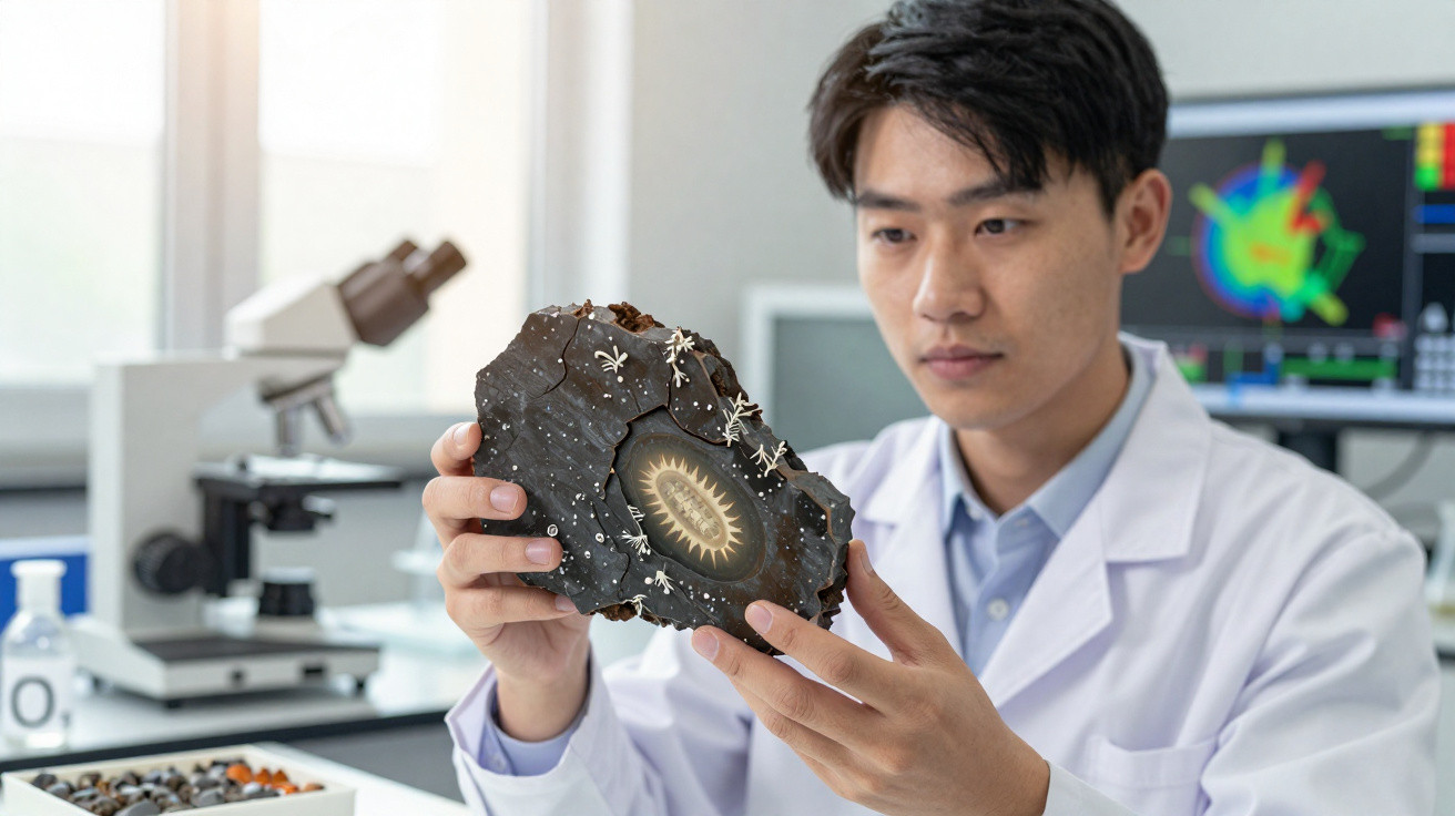 Wissenschaftler untersucht versteinerte Fossilien in einem Labor mit Mikroskop und Monitor im Hintergrund.