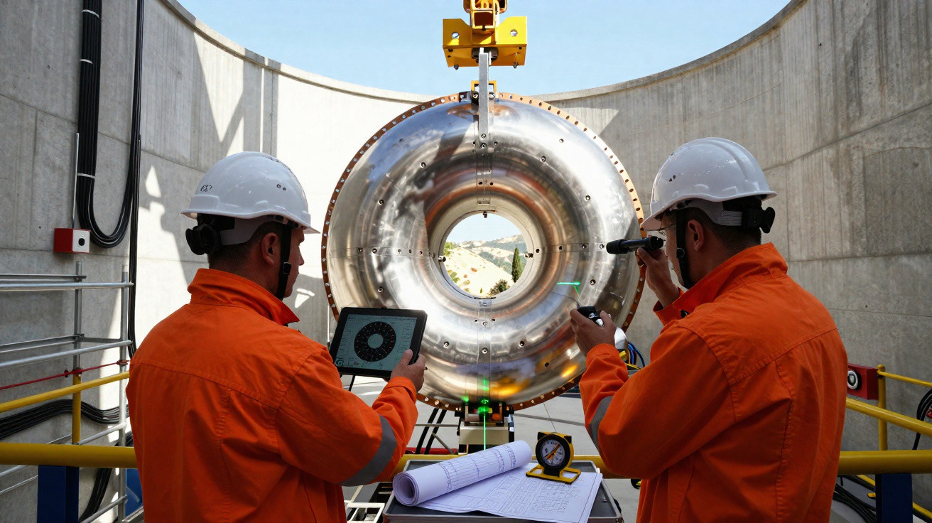 Zwei Ingenieure in Schutzhelmen prüfen ein großes Metallgerät in einer Industrieanlage.