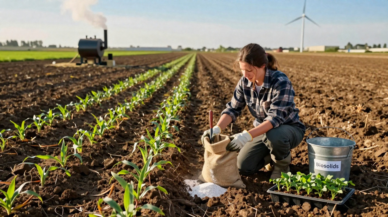 Frau düngt junge Pflanzen auf landwirtschaftlichem Feld mit Biosolid-Dünger, Windrad und Rauch im Hintergrund.