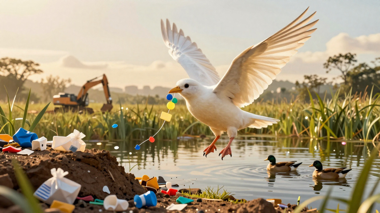 Eine Möwe fliegt über einem Gewässer mit buntem Plastikmüll im Maul und zwei Enten im Wasser.