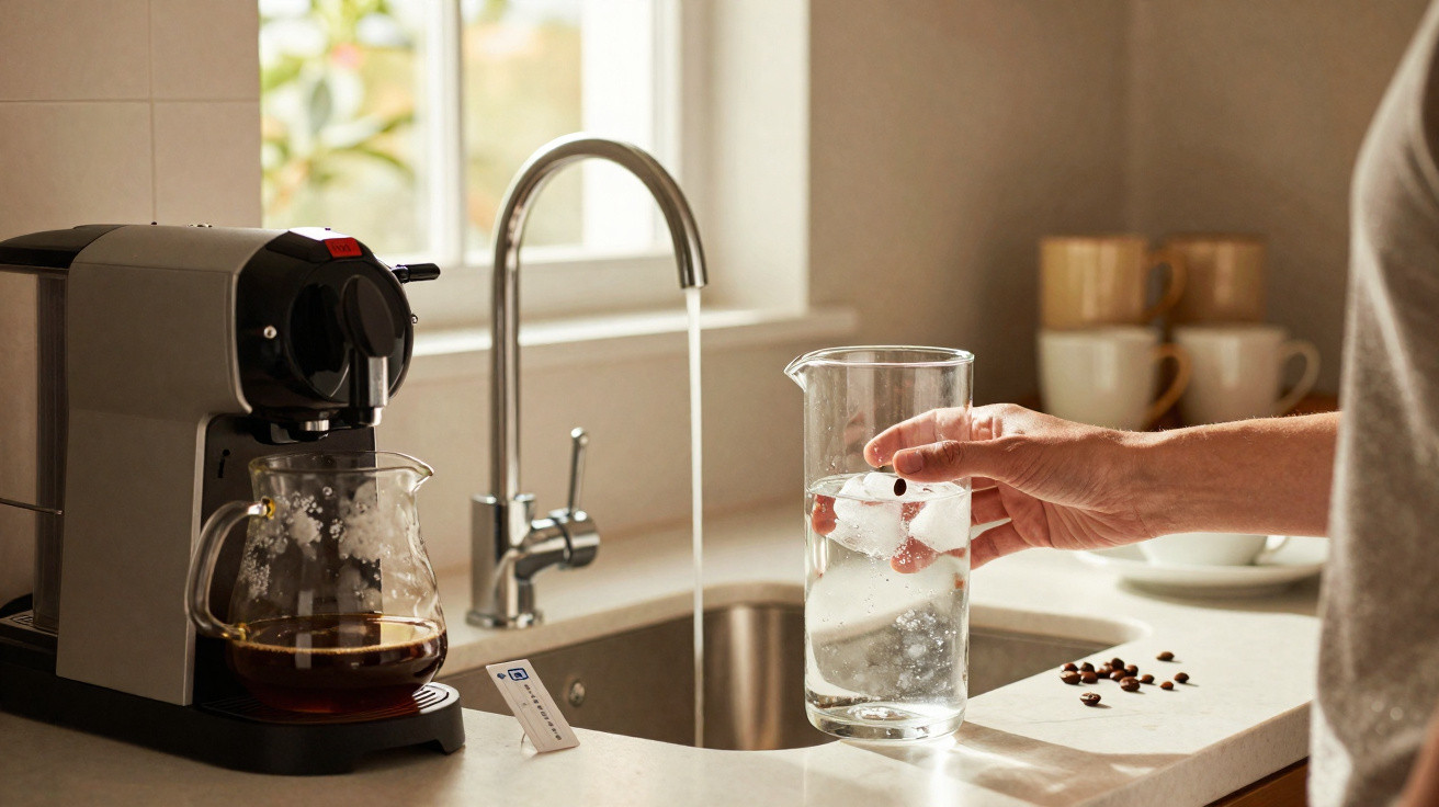 Hand hält Karaffe mit Eiswasser neben Kaffeemaschine in heller Küche am Spülbecken mit laufendem Wasser.