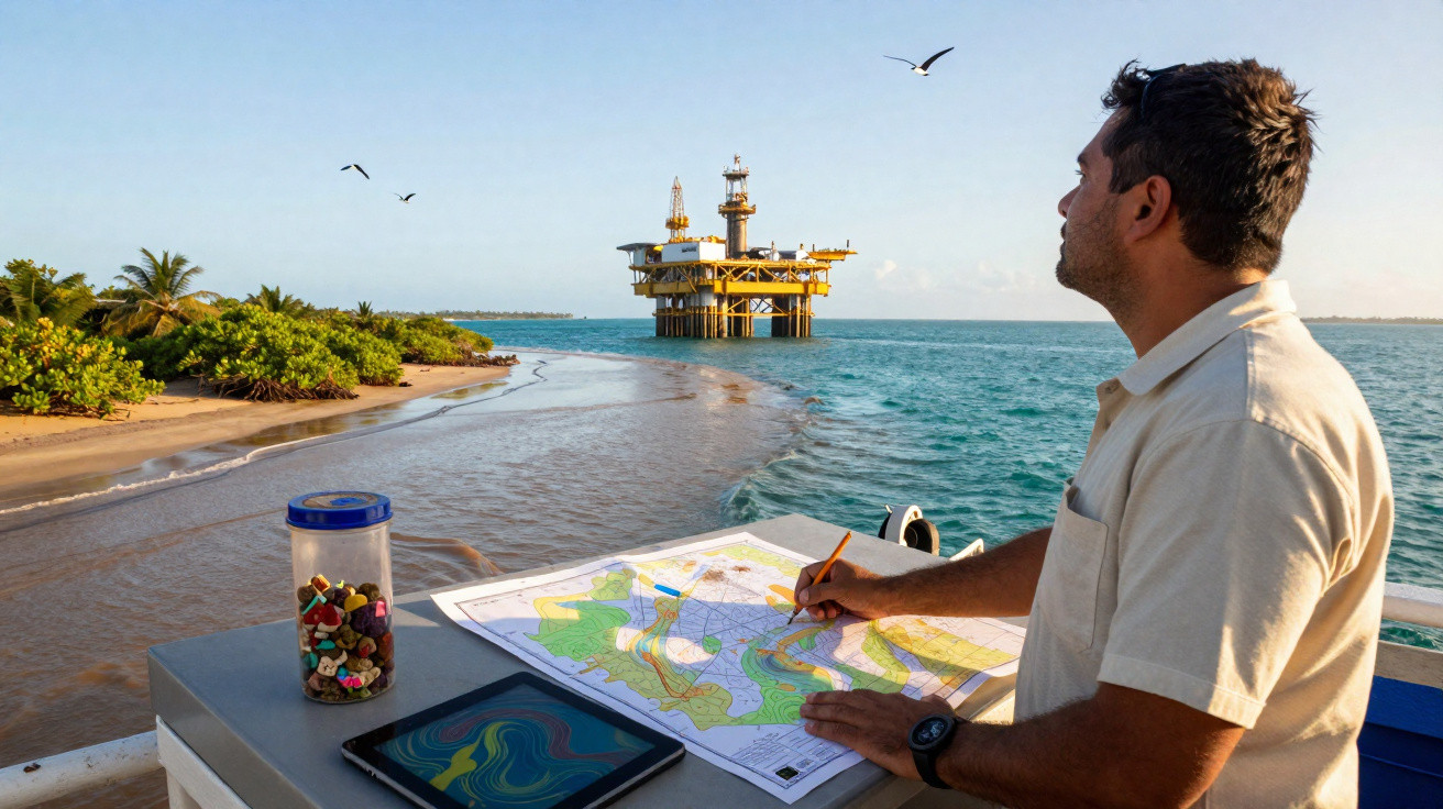 Mann an Bord eines Schiffs mit Seekarte, Tablet und Leuchtturm in Küstennähe im Hintergrund.