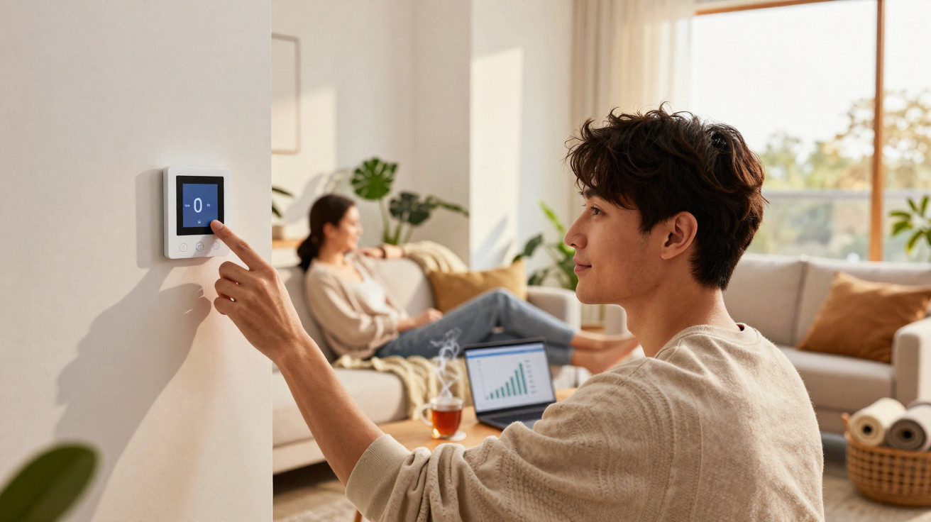 Mann stellt Thermostat ein, Frau entspannt auf dem Sofa im hellen, modernen Wohnzimmer.