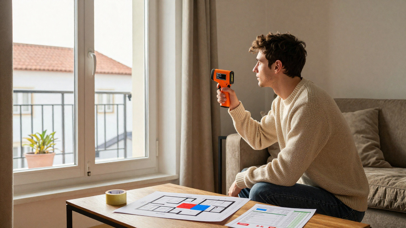 Mann misst mit Infrarot-Thermometer Temperatur an Fenster in hellem Wohnzimmer mit Bauplan auf Tisch.