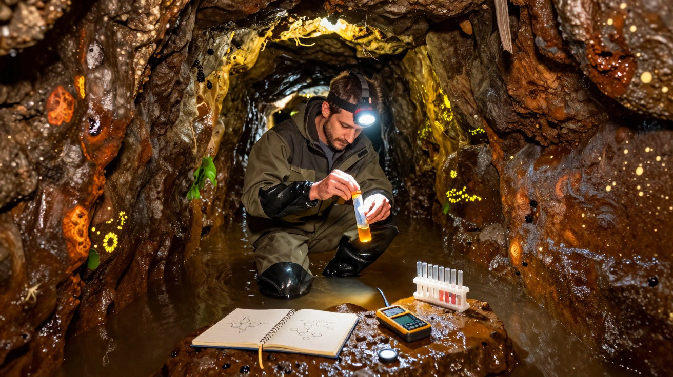 Forscher mit Stirnlampe entnimmt Wasserprobe in leuchtender Höhle mit Notizbuch und Messgerät.