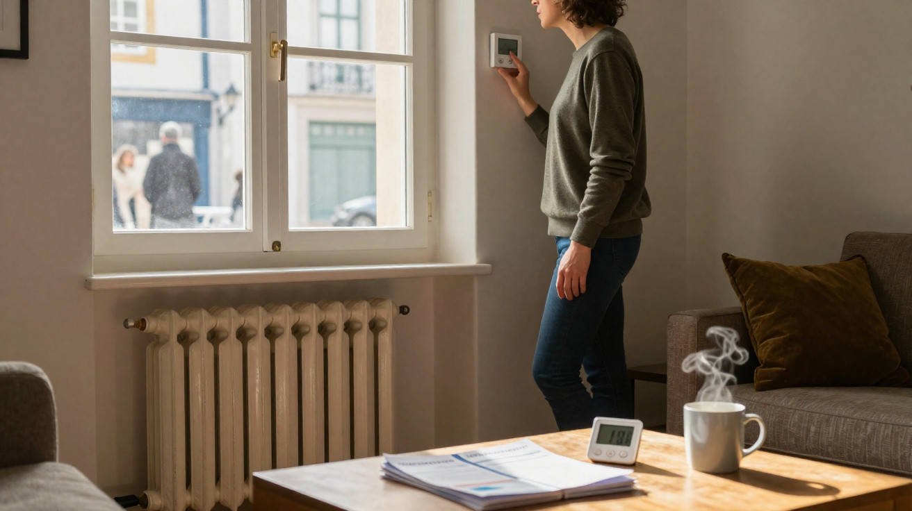 Frau stellt Thermostat an der Wand ein, im Wohnzimmer mit Heizung, Couch und dampfender Tasse auf dem Tisch.