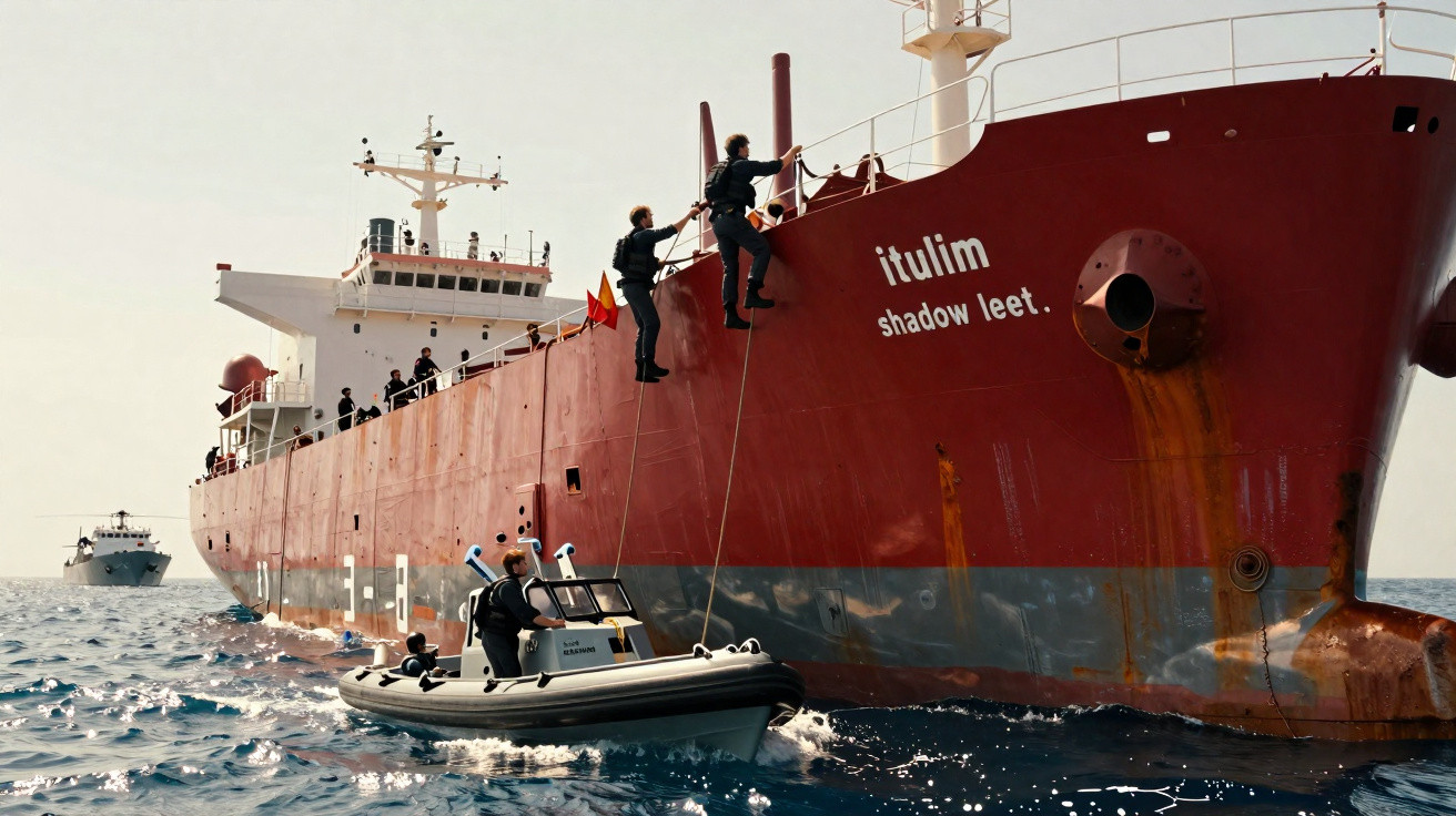 Polizisten klettern per Strickleiter von einem kleinen Boot auf ein rotes Frachtschiff auf See.