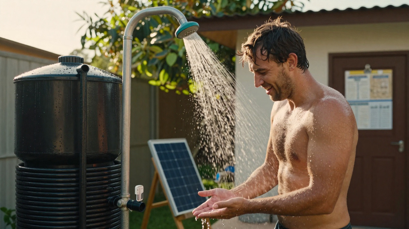 Mann duscht sich im Freien unter Solar-Dusche mit schwarzem Wassertank und Solarpanel im Hintergrund.