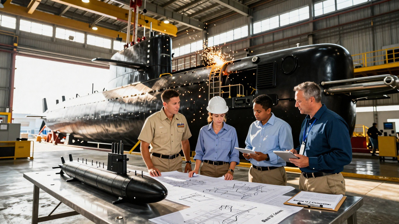 Ingenieure besprechen Pläne vor einem U-Boot in einer Werfthalle, während im Hintergrund geschweißt wird.