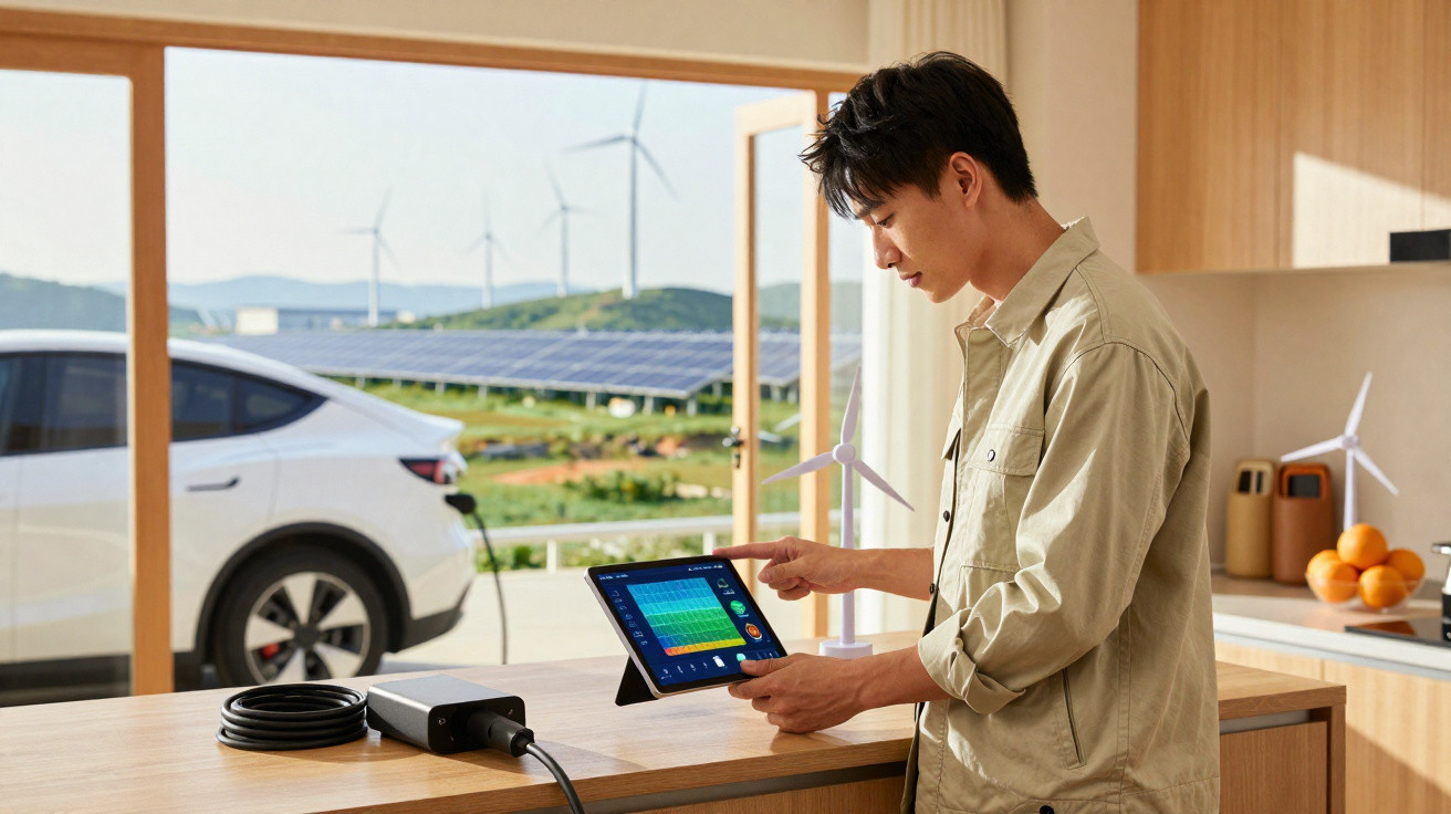 Junger Mann steuert Elektroauto zuhause mit Tablet, im Hintergrund Windräder und Solarpanels sichtbar.