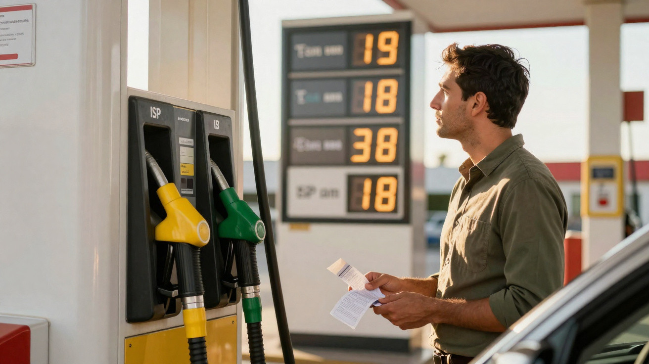Ein Mann steht an einer Tankstelle und betrachtet die angezeigten Kraftstoffpreise.