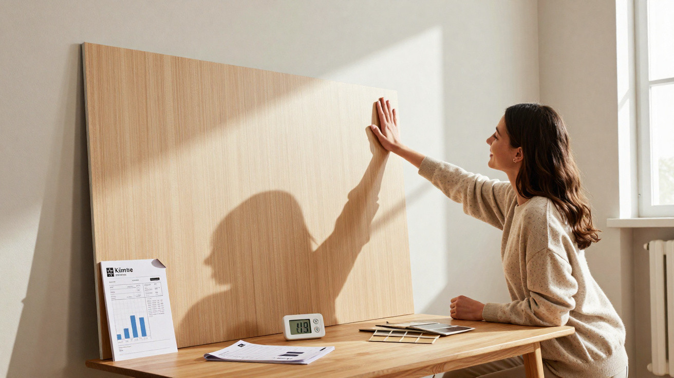 Frau berührt Sonnenlicht an einer Holzwand, Lichtstrahl fällt durch Fenster auf Schreibtisch mit Papieren.