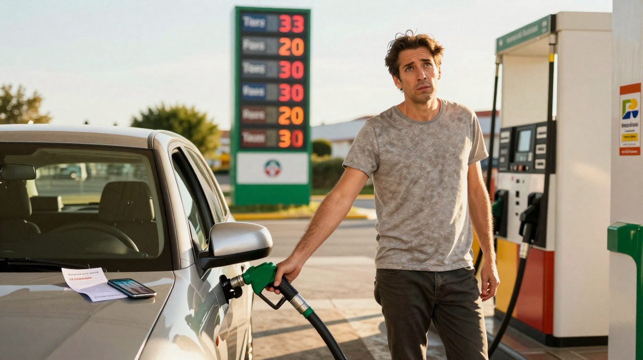 Mann an Tankstelle füllt Auto mit Benzin, Preisanzeige im Hintergrund zeigt hohe Kosten.