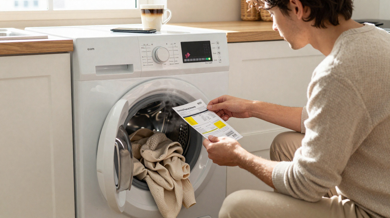 Mann liest Bedienungsanleitung vor geöffneter Waschmaschine mit beige Wäsche und Tasse auf Ablage.