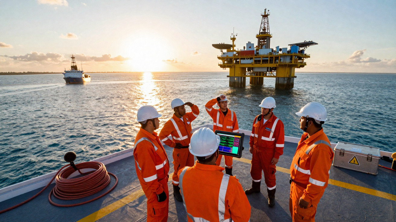 Sechs Arbeiter in Schutzhelmen und orangener Kleidung auf einem Schiff mit Ölplattform und Sonnenuntergang im Hintergrund.