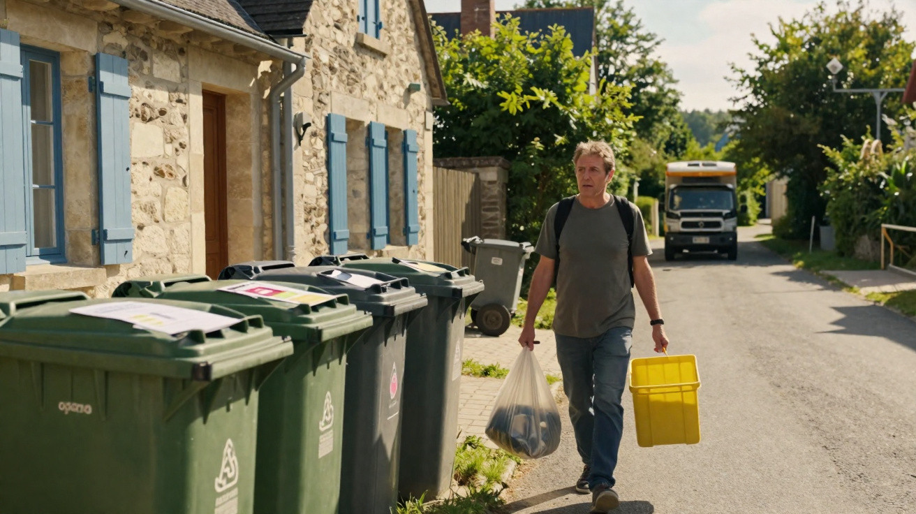 Mann trägt gelbe Mülltonne und Plastiktüte auf einer ruhigen Straße mit mehreren grünen Mülltonnen.