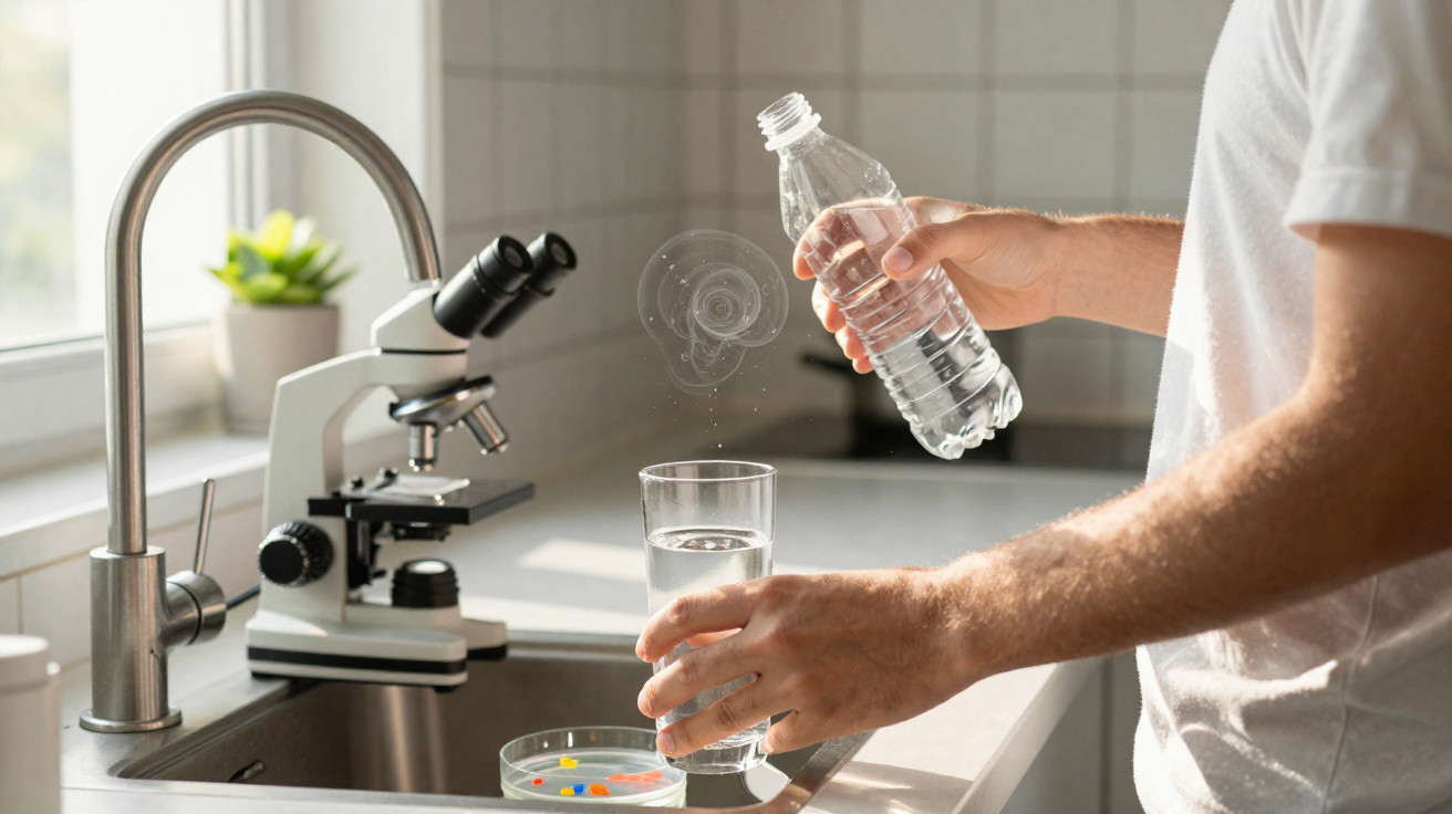Person gießt Wasser aus einer Plastikflasche in ein Glas neben einem Mikroskop in einem Labor.