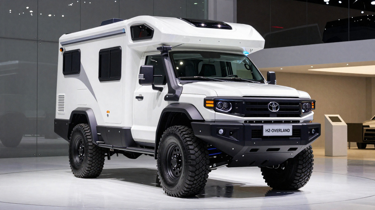 Weißer Toyota H2-Overland Geländewagen mit Wohnmobilaufbau auf Messe in modernem Ausstellungsraum.