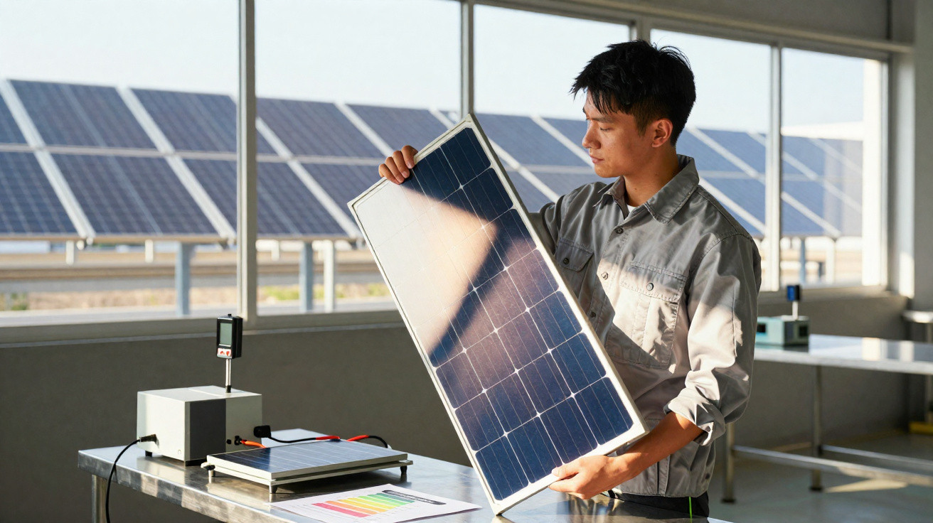 Mann prüft ein Solarpanel in einer Werkstatt mit Solarmodulen sichtbar durch das Fenster.