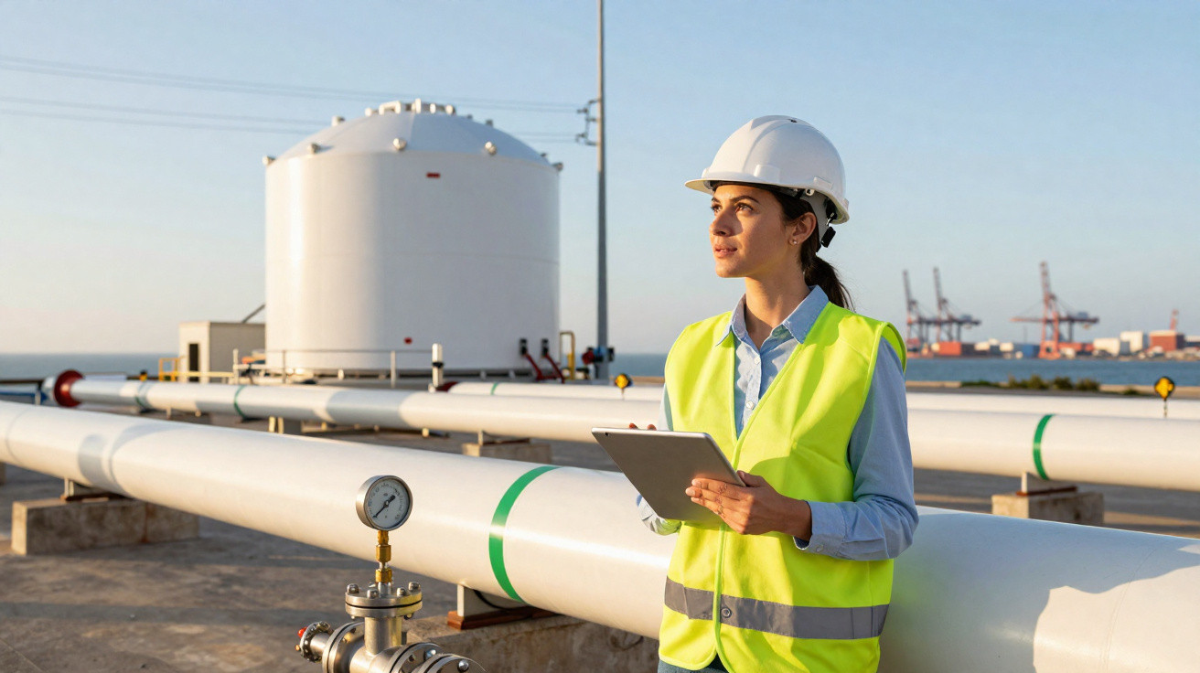 Ingenieurin mit Helm und Warnweste kontrolliert Industrieanlage mit großen Rohrleitungen bei Sonnenschein.