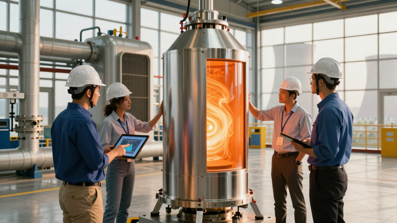 Ingenieure mit Schutzhelmen untersuchen ein futuristisches, leuchtendes Laborgerät in Industriehalle.