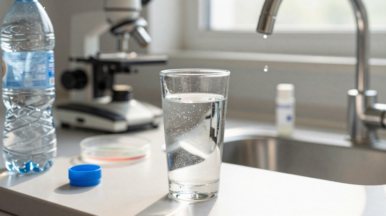 Glas mit klarem Wasser auf Laborarbeitsfläche, im Hintergrund Mikroskop und Wasserflasche mit blauem Deckel.