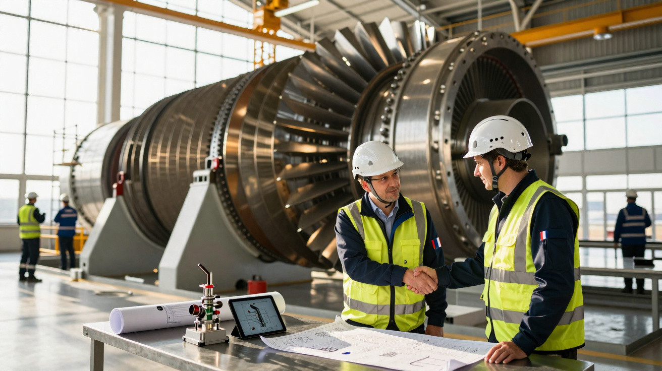 Ingenieure mit Schutzhelmen und Warnwesten geben sich in einer Industrieanlage mit Turbinen die Hand.