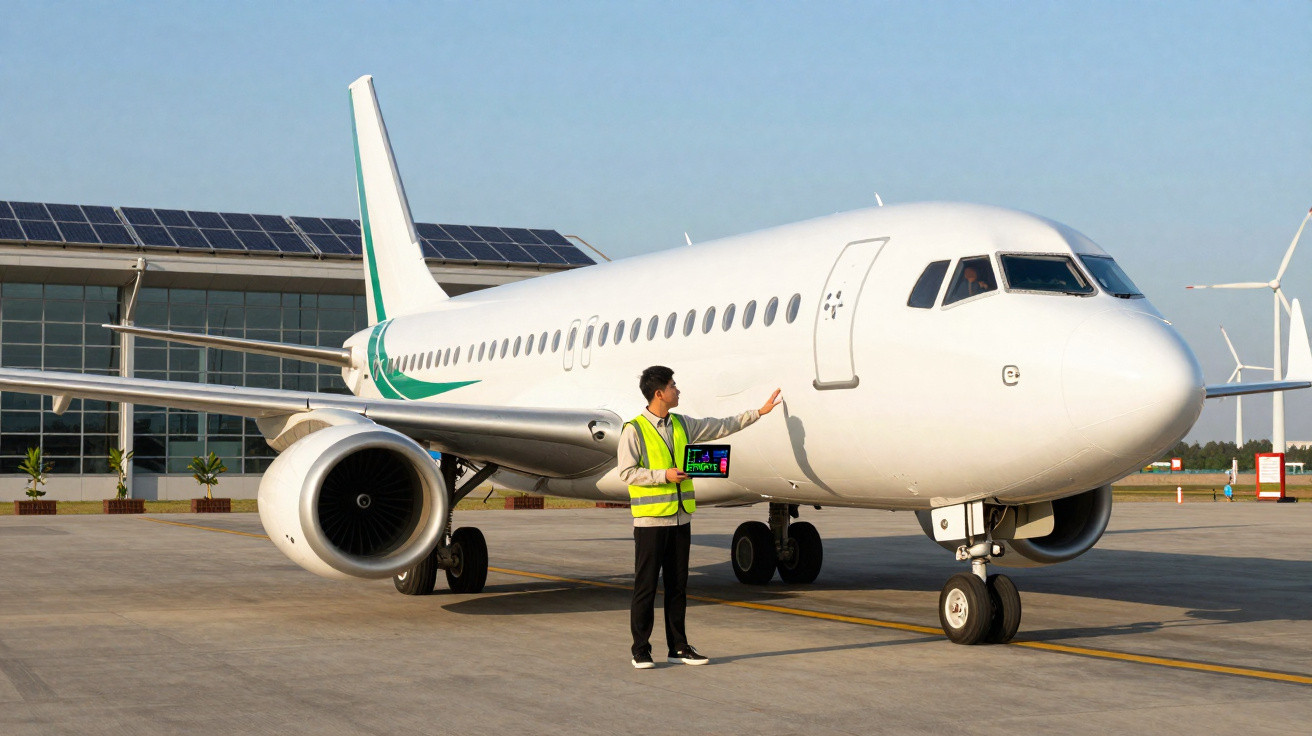 Mann mit Warnweste steht vor einem weißen Flugzeug auf einem sonnigen Rollfeld neben einem modernen Flughafenterminal.