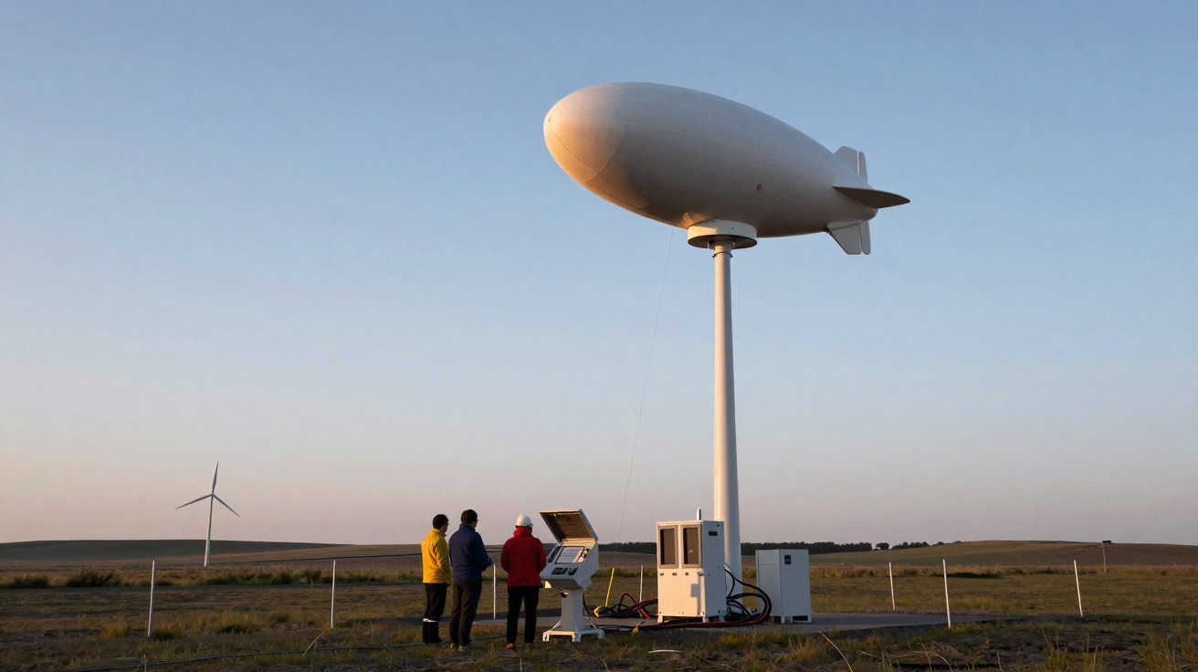 Drei Personen stehen neben einer Wetterstation mit einem weißen Luftschiff und Windrad auf einer offenen Wiese.
