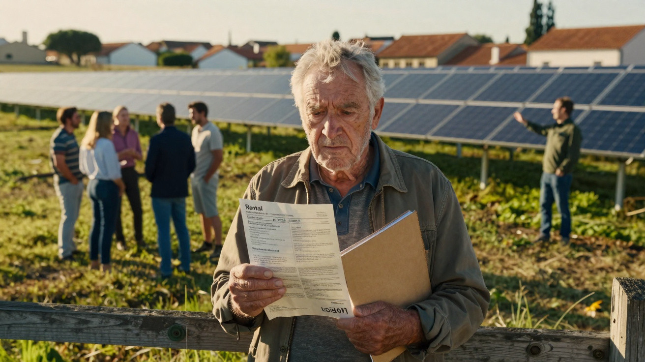 Älterer Mann liest Dokument vor Solaranlagen, im Hintergrund stehen fünf Personen im Gespräch auf einer Wiese.
